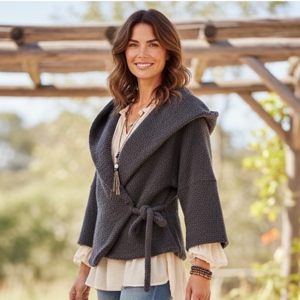 Purna Charcoal Gray Wool Blend Hooded Wrap Sweater Jacket Made in Canada -Size 4